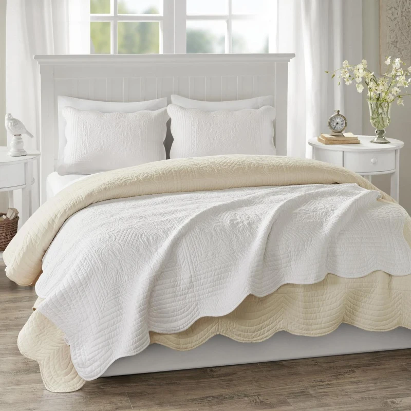 Oversized Quilted Throw with Scalloped Edges, Microfiber Face, Cotton Filled Blanket for Living Room, Bedroom, 72" L x 60" W x 0.25" H, White