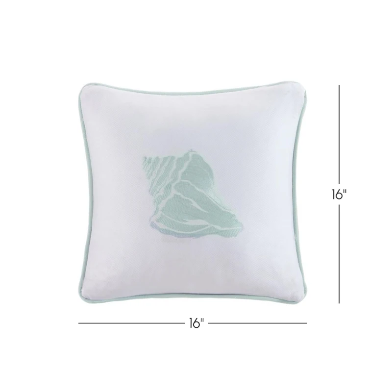 Coastal Inspired Square Pillow with Conch Shell Embroidery, 100% Cotton Jacquard, Hypoallergenic Polyester Filling, 16" L x 16" W x 5" H, Multicolor
