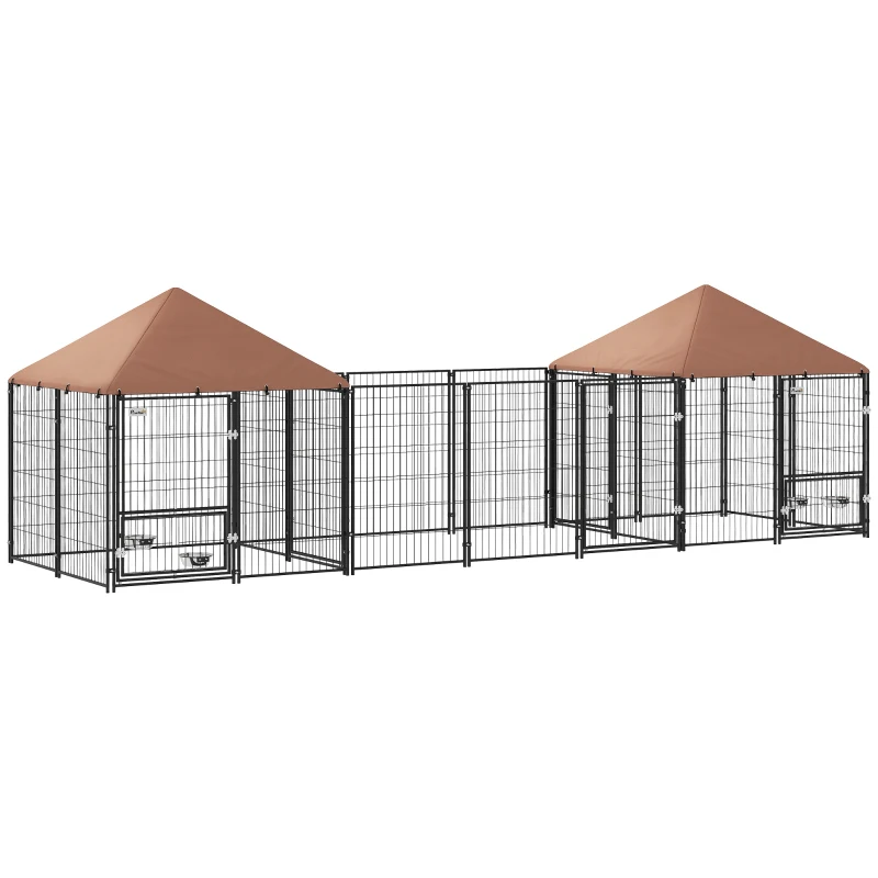 PawHut Outdoor Dog Kennel with 2 Rooms, Rotating & Adjustable Height Bowls, Waterproof UV-Resistant Cover, 16.2' x 4.7' x 5.1'