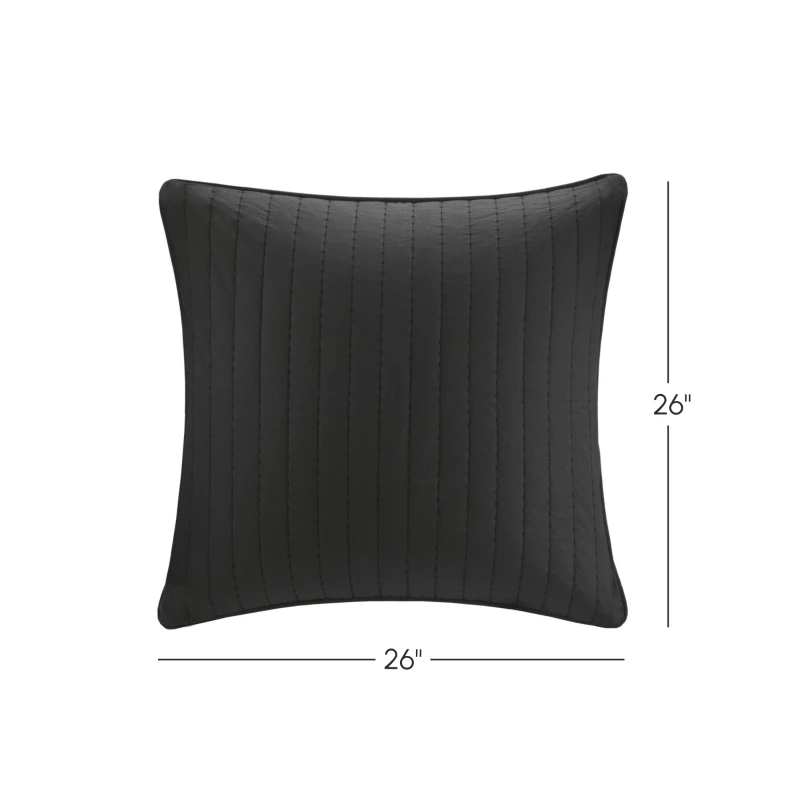 100% Cotton Quilted Euro Sham with Embroidery, Hidden Zipper, Farmhouse Machine Washable Pillowcase, 26" L x 26" W x 0.25" H, Black