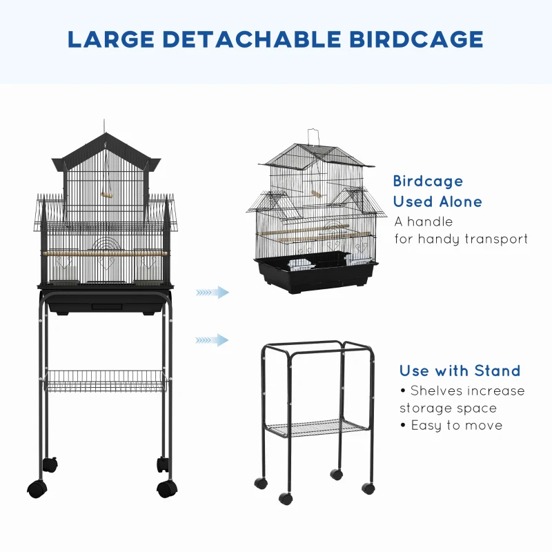 PawHut 48" Bird Cage with Perch, Swing, Food Container, Slide-out Tray, Handle, Parrot Cage for Finches, Canaries, Budgies