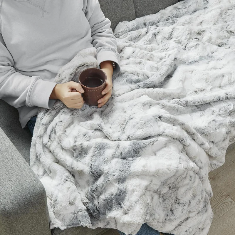Machine Washable Oversized Faux Fur Throw with Marble Print, Luxuriously Soft Blanket with Faux Mink Reverse, 70" L x 60" W x 0.25" H, Gray