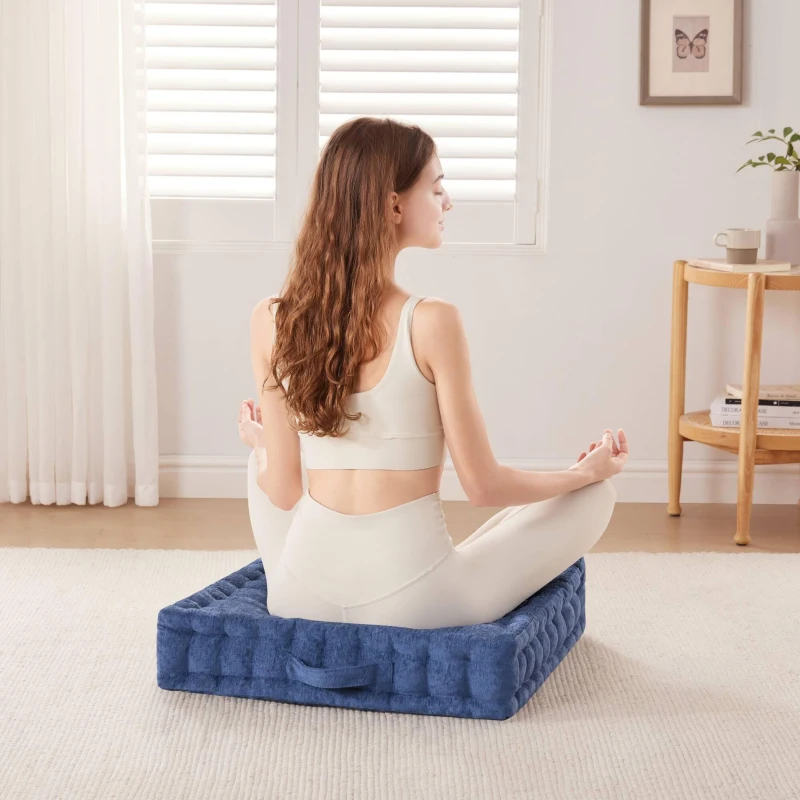 Textured Poly Chenille Square Floor Pillow Cushion with Tufted Detailing, Scalloped Edge, Hypoallergenic Polyester, 24" L x 24" W x 5" H, Navy Blue