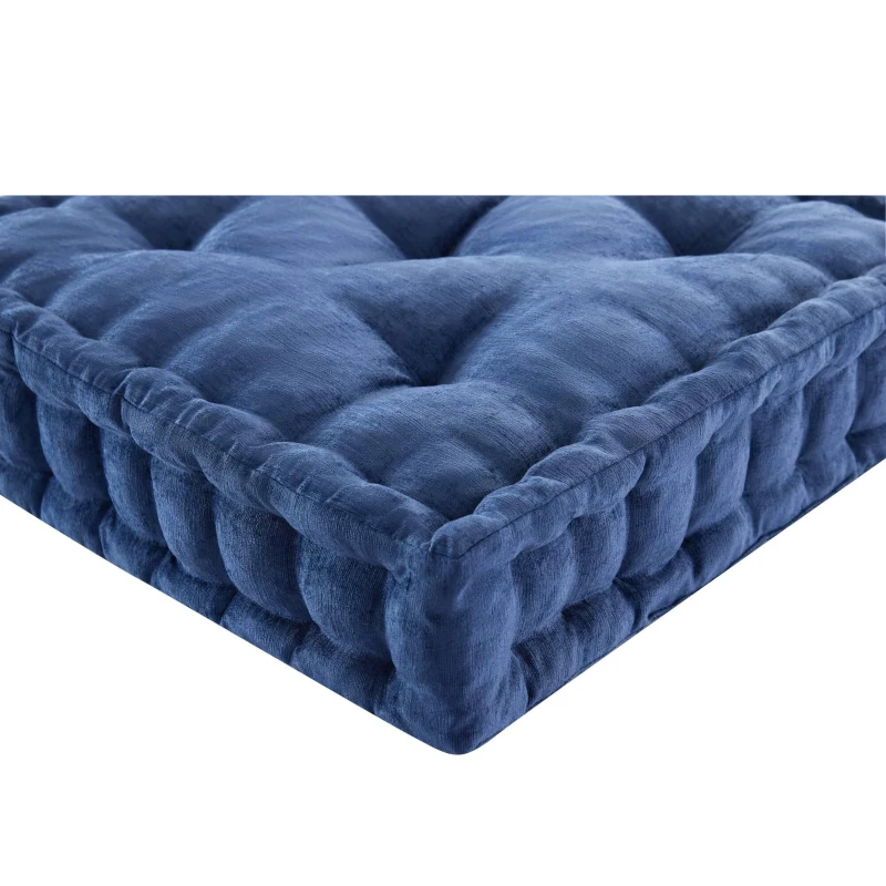 Textured Poly Chenille Square Floor Pillow Cushion with Tufted Detailing, Scalloped Edge, Hypoallergenic Polyester, 24" L x 24" W x 5" H, Navy Blue