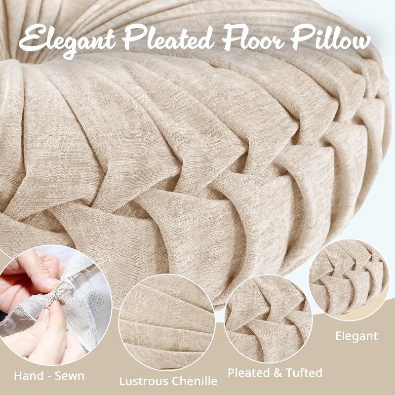 Poly Chenille Round Floor Pillow Cushion with Textured Fabric, Tufted Button Center, Pleated Detailing, 22" L x 22" W x 6" H, Ivory