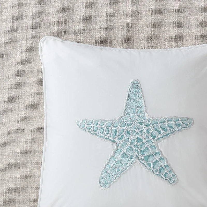 Decorative Square Pillow with 100% Cotton Cover, Starfish Embroidery, Hypoallergenic Polyester Fill, 16" L x 16" W x 5" H, White