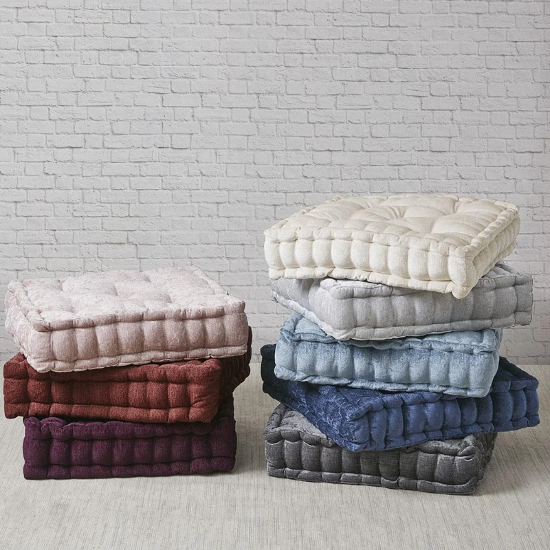 Textured Poly Chenille Square Floor Pillow Cushion with Tufted Detailing, Scalloped Edge, Hypoallergenic Polyester, 20" L x 20" W x 5" H, Charcoal