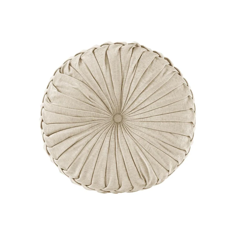 Poly Chenille Round Floor Pillow Cushion with Textured Fabric, Tufted Button Center, Pleated Detailing, 22" L x 22" W x 6" H, Ivory
