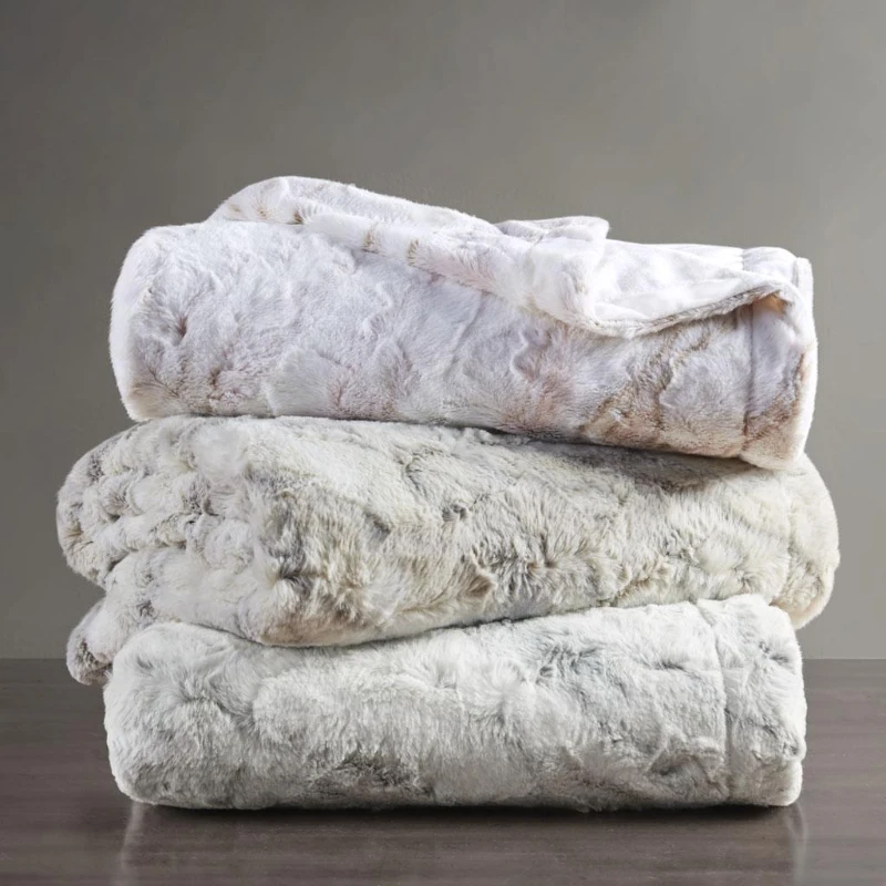 Machine Washable Oversized Faux Fur Throw with Marble Print, Luxuriously Soft Blanket with Faux Mink Reverse, 70" L x 60" W x 0.25" H, Gray