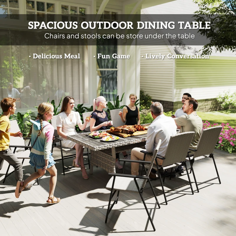 Outsunny 75" Outdoor Dining Table for 6-8, Wicker Patio Table with Storage Shelf and WPC Slatted Top for Balcony, Grey