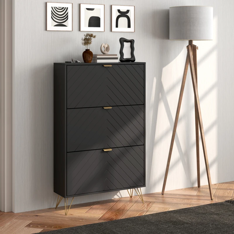 HOMCOM Modern Shoe Storage Cabinet with 3 Flip Drawers for 18 Pairs, Narrow Shoe Organizer for Entryway, Hallway, Black