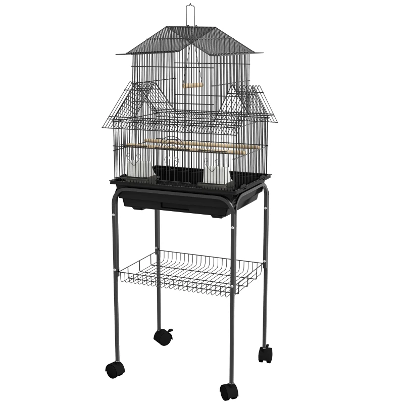 PawHut 48" Bird Cage with Perch, Swing, Food Container, Slide-out Tray, Handle, Parrot Cage for Finches, Canaries, Budgies
