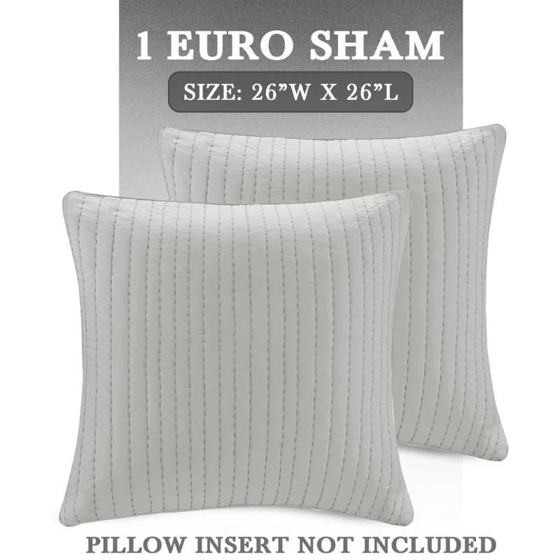 100% Cotton Cover with All-Over Embroidery, Hidden Zipper Closure, Cotton Quilted Euro Sham for Home Decor, 26" L x 26" W x 0.25" H, Gray