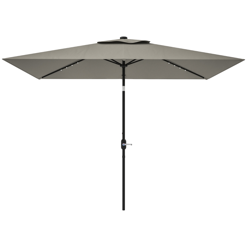 Outsunny Patio Umbrella with 22 LED Solar Lights and Tilt, Light Grey