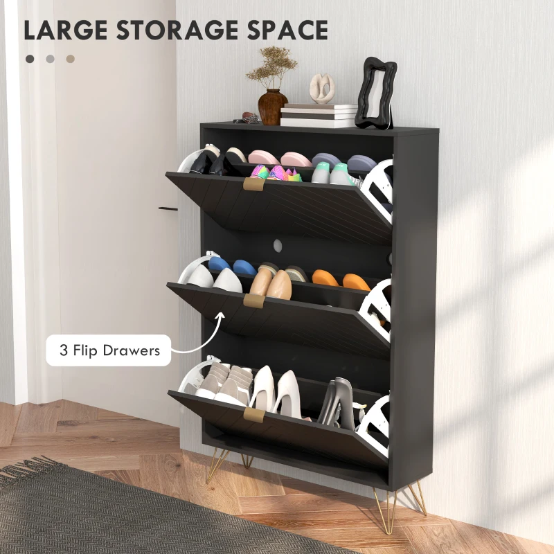 HOMCOM Modern Shoe Storage Cabinet with 3 Flip Drawers for 18 Pairs, Narrow Shoe Organizer for Entryway, Hallway, Black