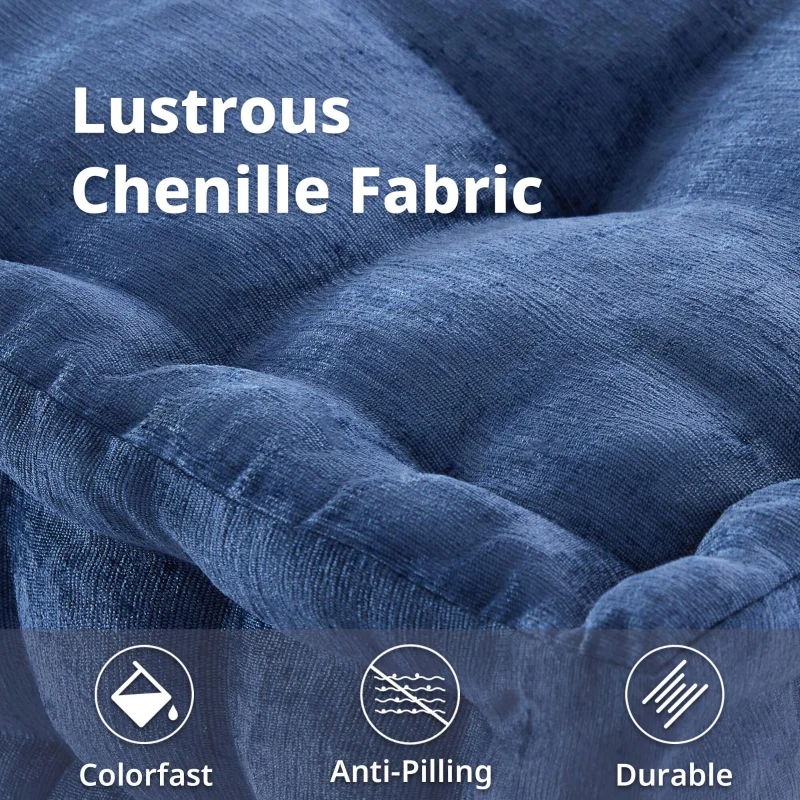 Textured Poly Chenille Square Floor Pillow Cushion with Tufted Detailing, Scalloped Edge, Hypoallergenic Polyester, 24" L x 24" W x 5" H, Navy Blue