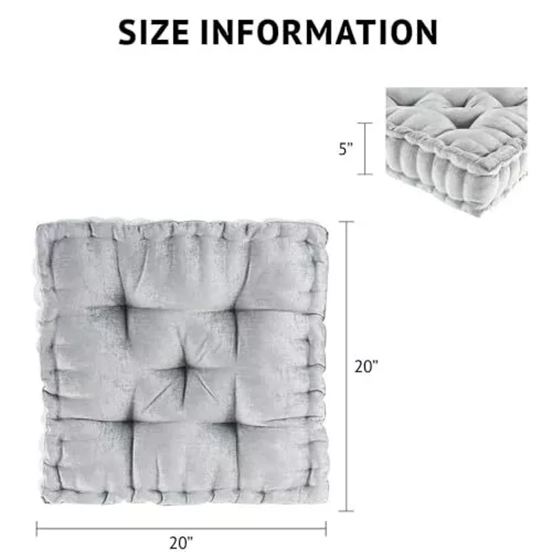 Poly Chenille Square Floor Pillow Cushion with Tufted Detailing, Scalloped Edge, Hypoallergenic 100% Polyester, 20" L x 20" W x 5" H, Gray