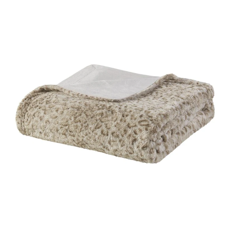 Oversized Faux Fur Throw with Faux Mink Reverse, OEKO-TEX Certified, Stylish Machine Washable Blanket, 70" L x 60" W x 0.25" H, Leopard