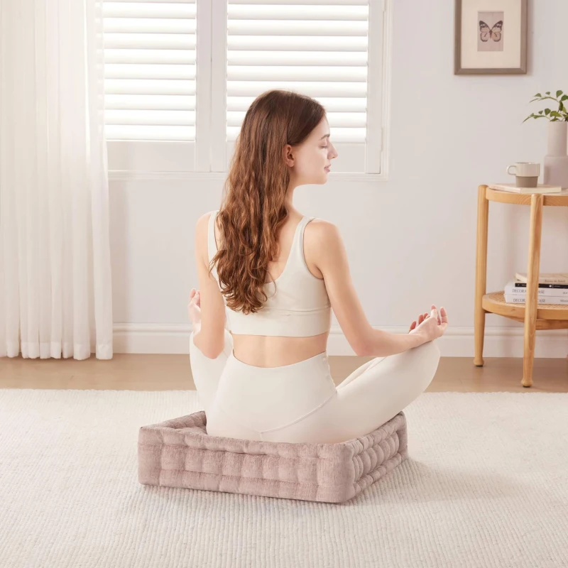 Textured Poly Chenille Square Floor Pillow Cushion with Hypoallergenic Polyester, Tufted Detailing, Scalloped Edge, 24" L x 24" W x 5" H, Blush