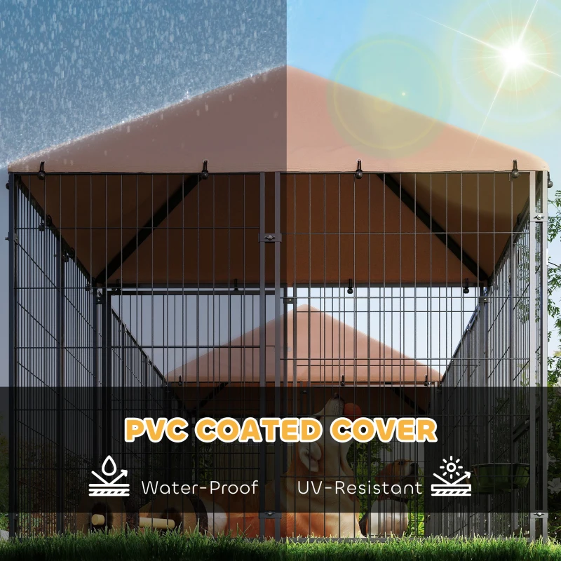 PawHut Outdoor Dog Kennel with 2 Rooms, Rotating & Adjustable Height Bowls, Waterproof UV-Resistant Cover, 16.2' x 4.7' x 5.1'