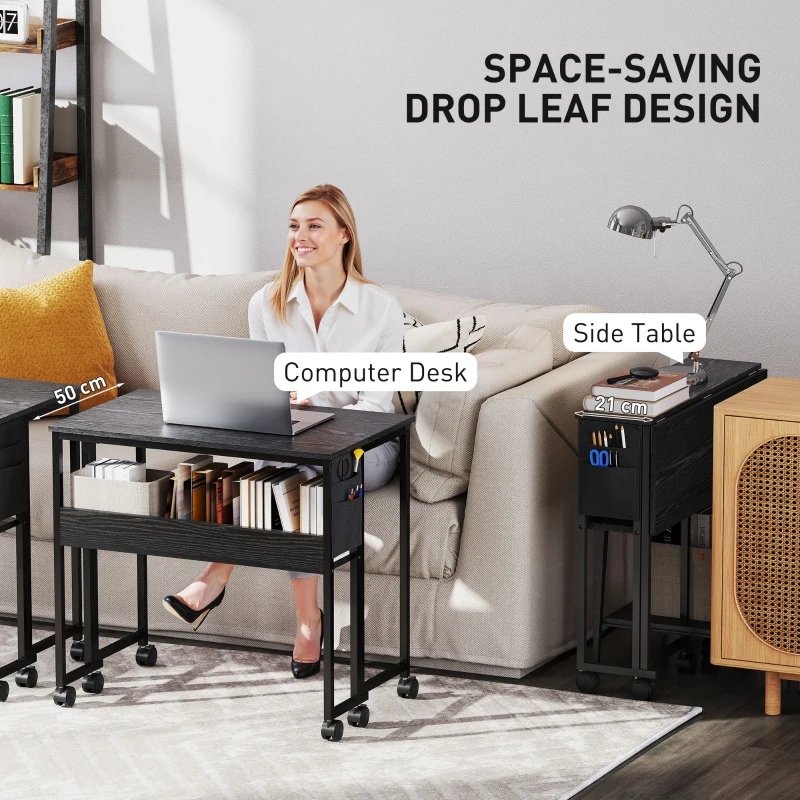 HOMCOM Folding Computer Desk, Foldable Desk with Storage Bag, Shelf and Wheels for Small Spaces, Home Office, Black
