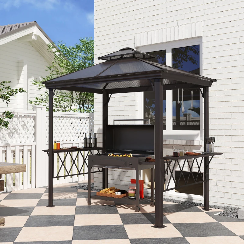 Outsunny Outside Porch BBQ Cooking Pergola Canopy with 6 Hooks for Utensils and Double Venting Roof, Coffee