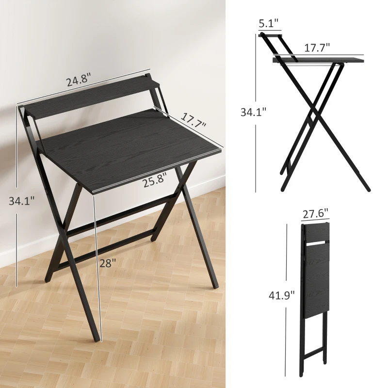 HOMCOM Folding Computer Desk, 27.6" Foldable Desk with Monitor Shelf for Small Space, Home Office, Study, Easy Assembly, Black