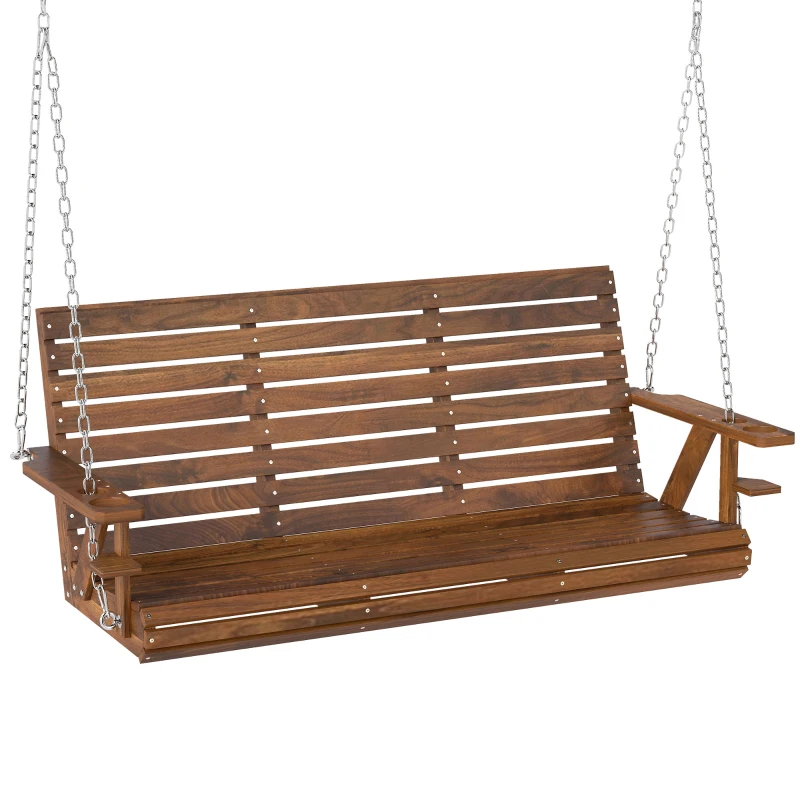 Outsunny 3-Seater Swing Bench, Wooden Porch Swing with Cupholders, Hanging Chains for Patio Garden, Carbonized