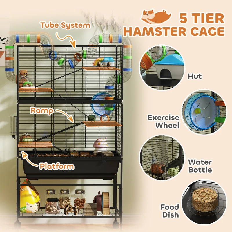 PawHut 5 Tier Rolling Hamster Cage with 7" Deep Tray, Storage Shelf, Big Exercise Wheel, Tube System, for Syrian, Gerbil, Rat