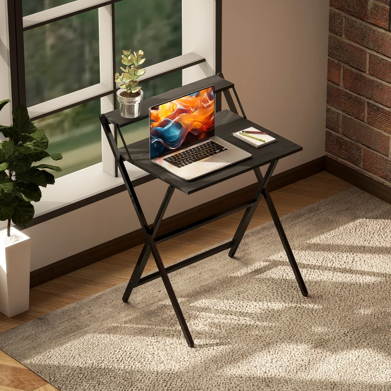 HOMCOM Folding Computer Desk, 27.6" Foldable Desk with Monitor Shelf for Small Space, Home Office, Study, Easy Assembly, Black
