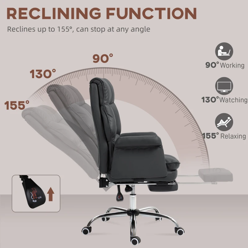 HOMCOM PU Leather Executive Office Chair, Ergonomic and Reclining Office Desk Chair with Footrest, Black