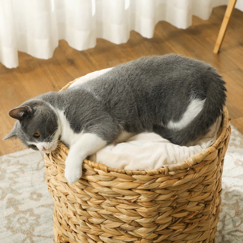 PawHut 2-Storey Cat Condo Barrel, Small Cat Tree Tower with Top Perch and 2 Hideaways, 2 Entrances, 3 Cushions, Light Brown