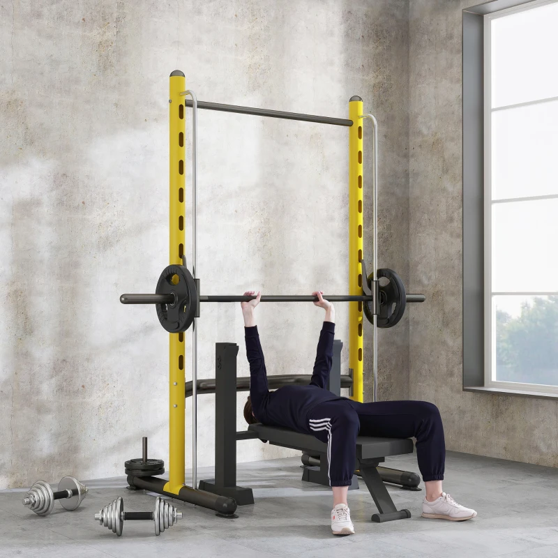 Soozier Squat Rack with Pull Up Bar and Barbell Bar Adjustable Bench Press Multi-Function Weight Lifting Half Rack, Yellow