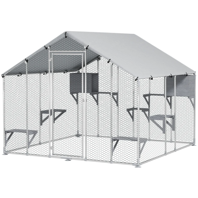 PawHut 94.5" Extra Large Metal Outdoor Catio with Waterproof Cover, 2 Resting Boxes, 7 Platforms, for Multiple Rabbits, Chicken