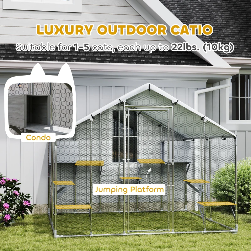 PawHut 94.5" Extra Large Metal Outdoor Catio with Waterproof Cover, 2 Resting Boxes, 7 Platforms, for Multiple Rabbits, Chicken