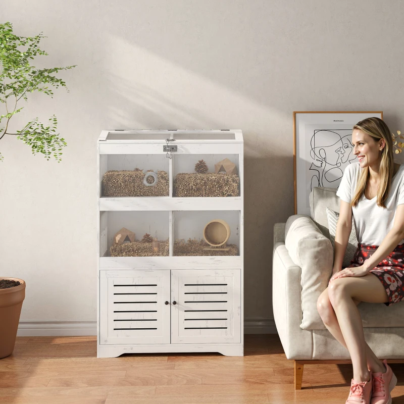 PawHut Large Hamster Cage for Multiple Small Pets, Rat Cage with Storage Cabinet, Clear Transparent Panels, Cream White