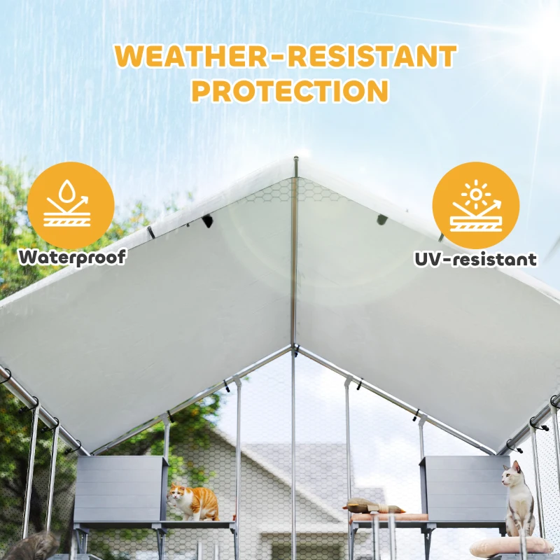 PawHut 94.5" Extra Large Metal Outdoor Catio with Waterproof Cover, 2 Resting Boxes, 7 Platforms, for Multiple Rabbits, Chicken