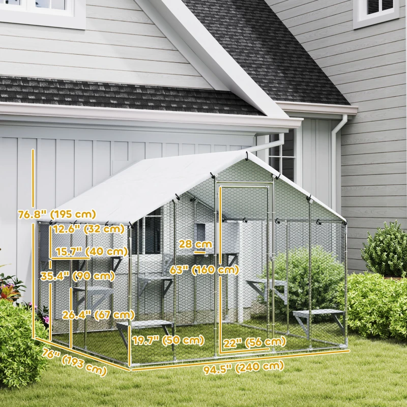 PawHut 94.5" Extra Large Metal Outdoor Catio with Waterproof Cover, 2 Resting Boxes, 7 Platforms, for Multiple Rabbits, Chicken