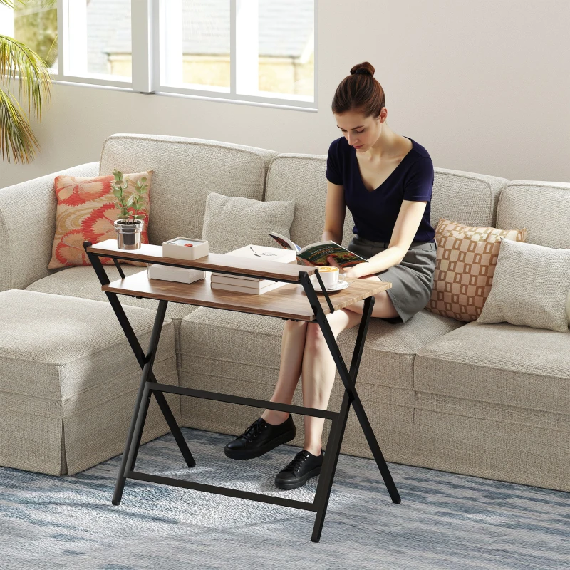 HOMCOM Folding Computer Desk, 32" Foldable Desk with Monitor Shelf for Small Space, Home Office, Study, Easy Assembly, Walnut