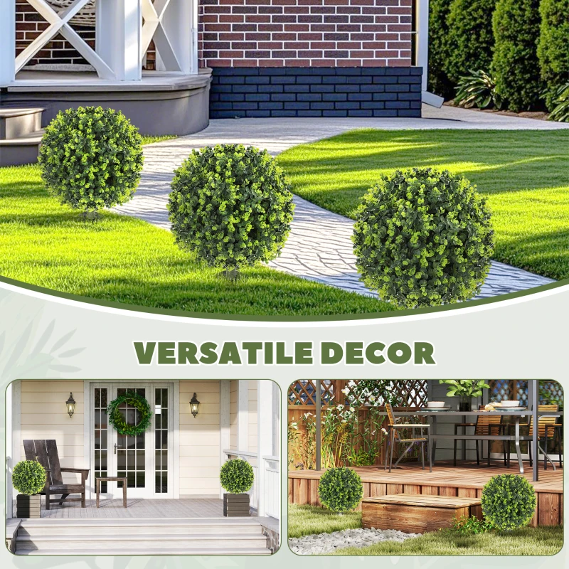 HOMCOM 2 Pack 1.3ft Artificial Ball Eucalyptus Topiary with Ground Stake, UV Resistant Faux Greenery for Indoor Outdoor