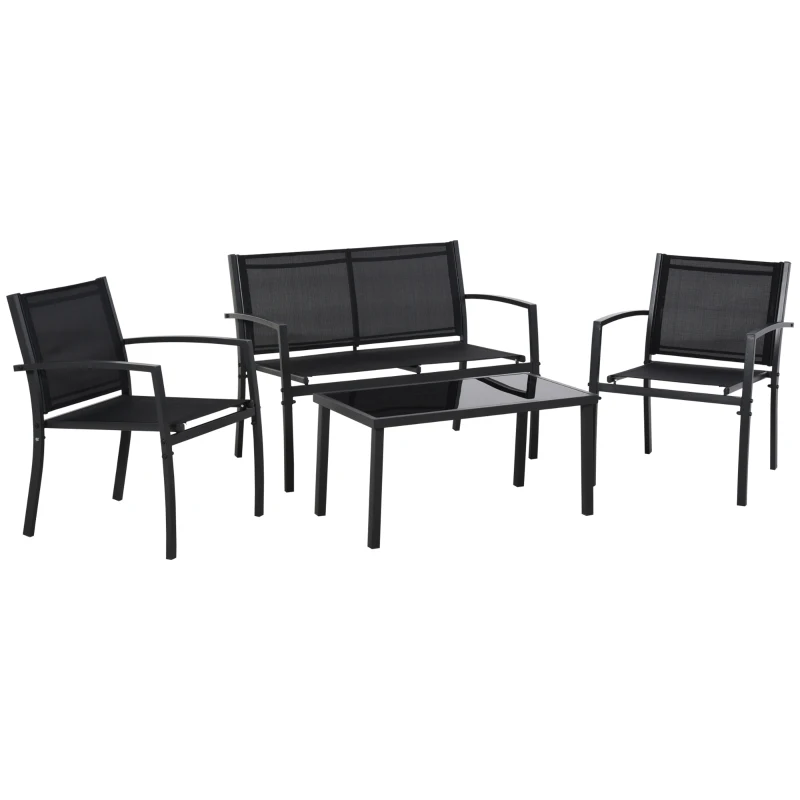 Outsunny 4-Piece Patio Furniture Set with Glass Top Coffee Table, Breathable Mesh Seat & Backrest for Garden, Balcony, Black