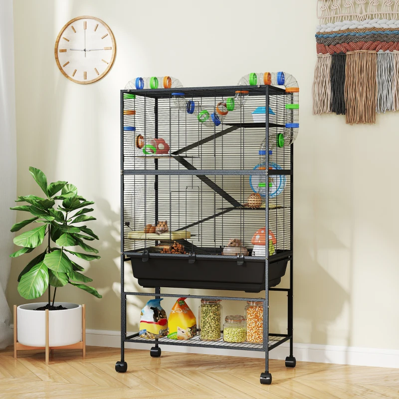 PawHut 5 Tier Hamster Cage, Rolling Rat Cage with Deep Tray, Storage Shelf, Big Exercise Wheel, Hut, Tube System