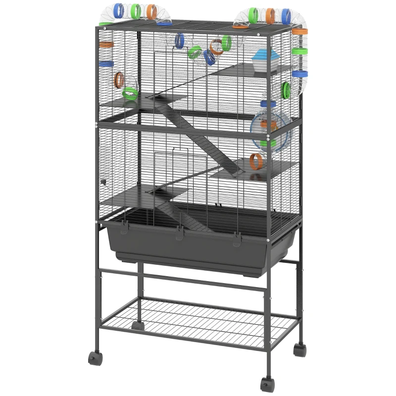 PawHut 5 Tier Rolling Hamster Cage with 7" Deep Tray, Storage Shelf, Big Exercise Wheel, Tube System, for Syrian, Gerbil, Rat