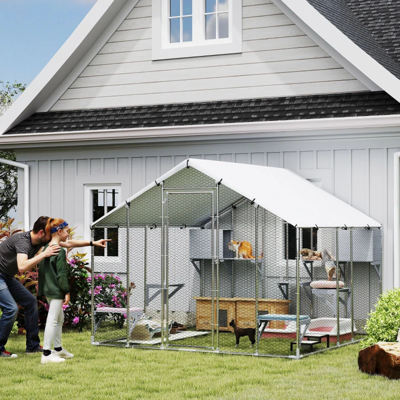 PawHut 94.5" Extra Large Metal Outdoor Catio with Waterproof Cover, 2 Resting Boxes, 7 Jumping Platforms, for Multiple Cats(m-10)
