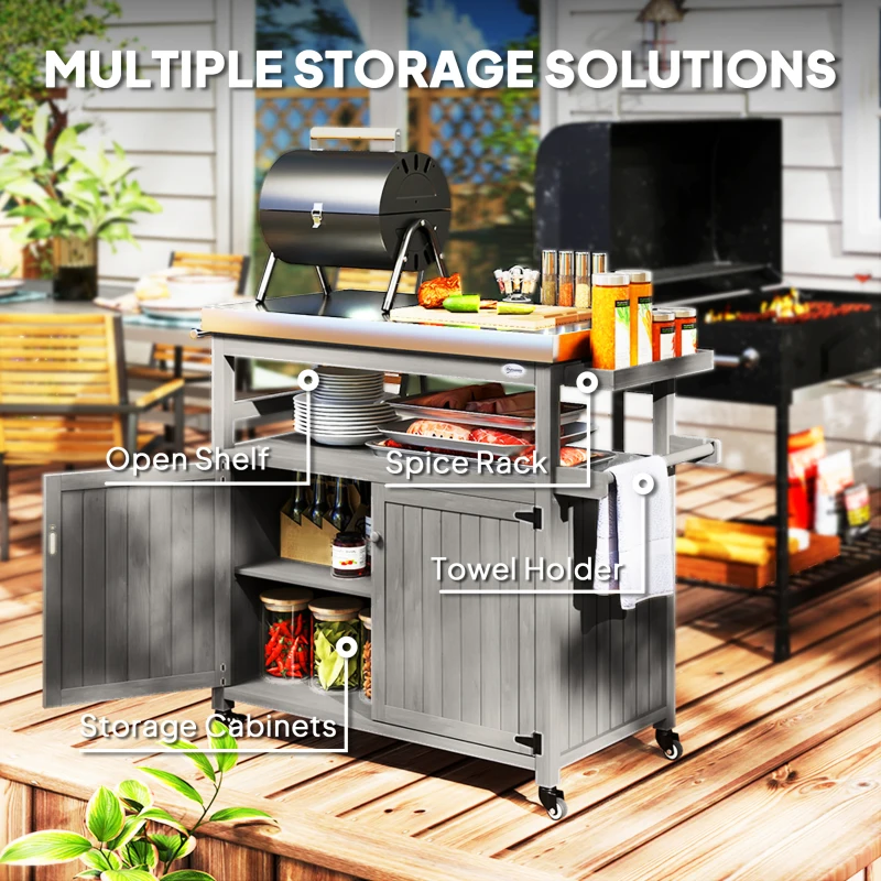 Outsunny Outdoor Grill Cart w/ Stainless Steel Top, Solid Wood Outdoor Kitchen Island w/ Wheels, Storage Cabinets, Gray