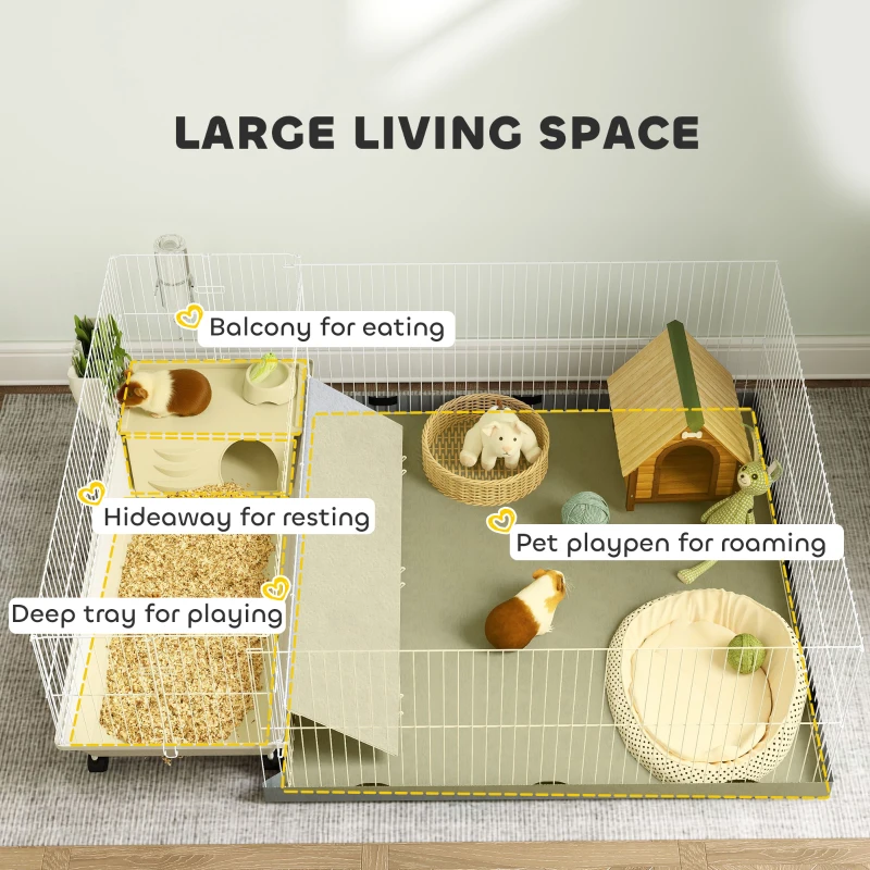 PawHut Small Animal Cage with Removable Pet Playpen, Guinea Pig Cage with Waterproof Pad, Hay Feeder, Water Bottle, Food Dish