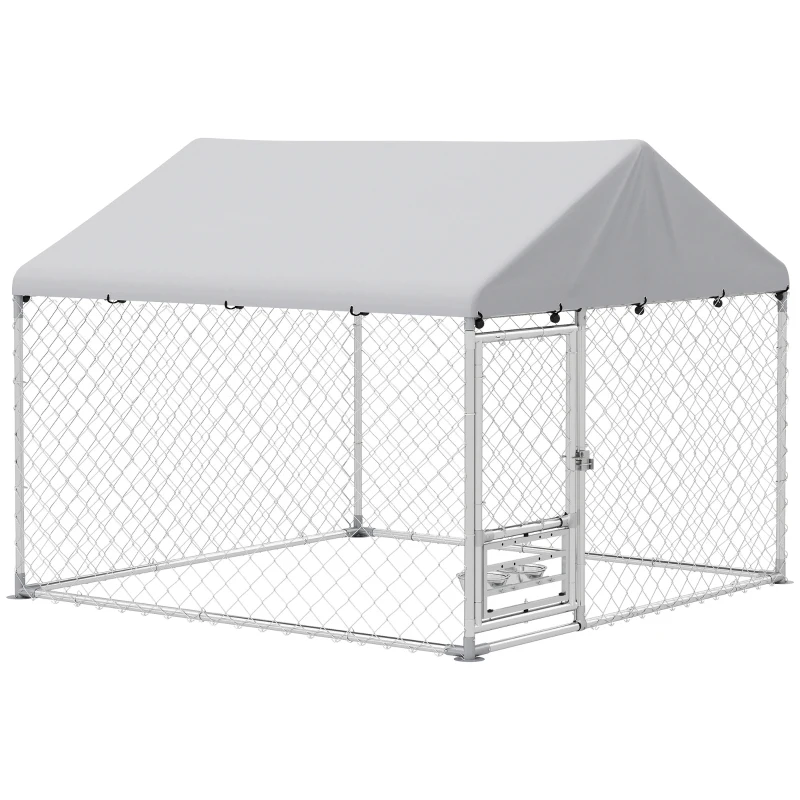 PawHut Outdoor Dog Run w/ Adjustable & Rotating Bowls, Waterproof UV-Resistant Cover, Secure Lock, 6.6' x 6.6' x 5.1'