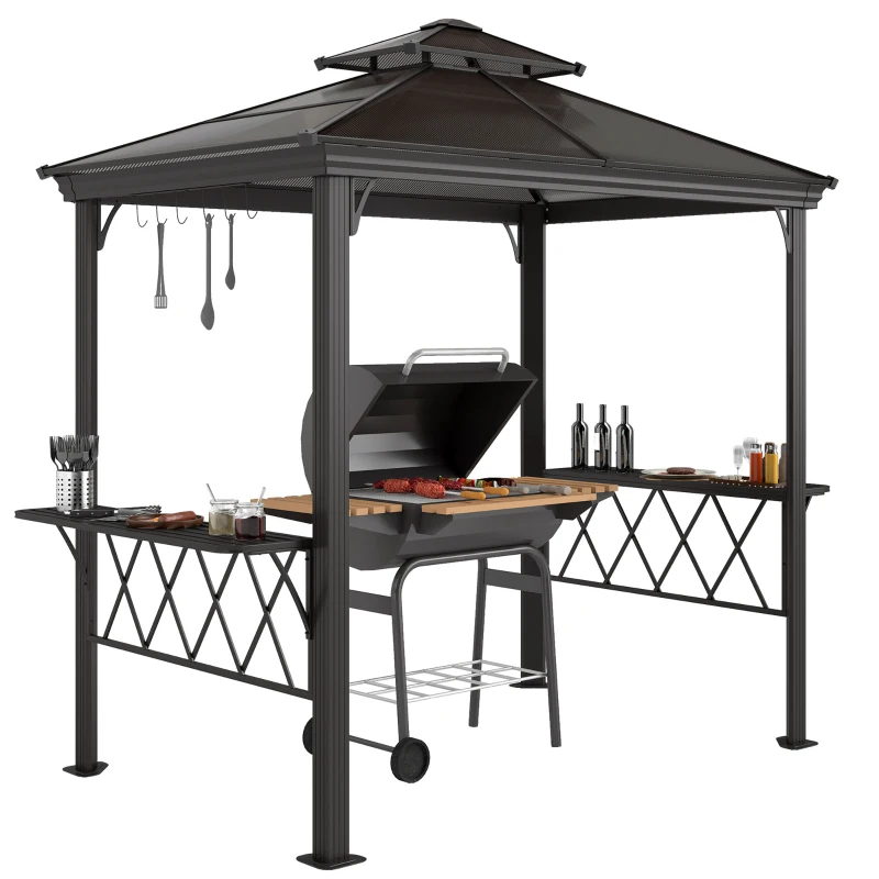 Outsunny Outside Porch BBQ Cooking Pergola Canopy with 6 Hooks for Utensils and Double Venting Roof, Coffee