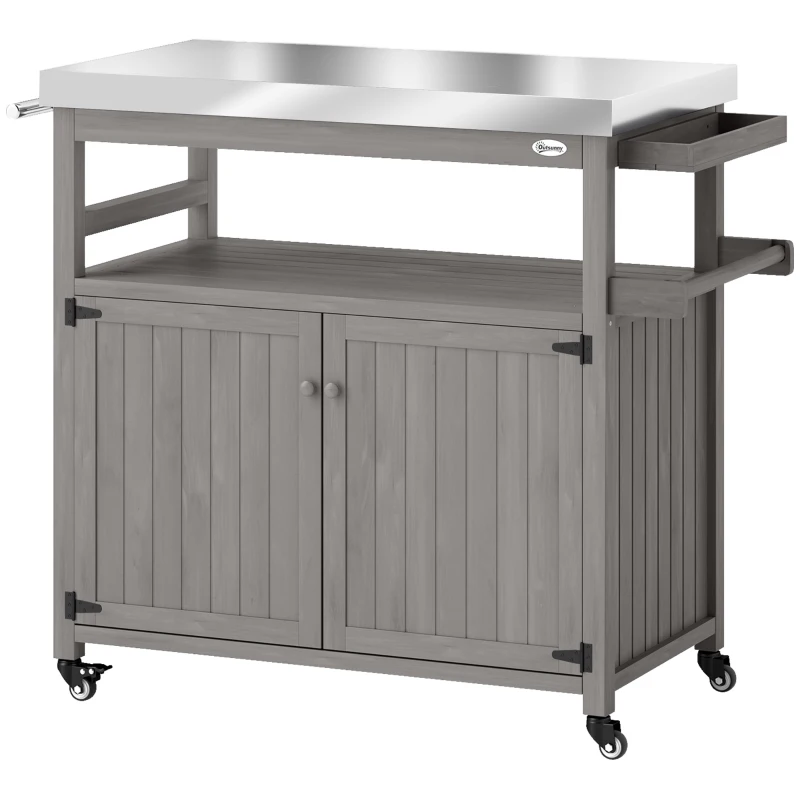 Outsunny Outdoor Grill Cart w/ Stainless Steel Top, Solid Wood Outdoor Kitchen Island w/ Wheels, Storage Cabinets, Gray