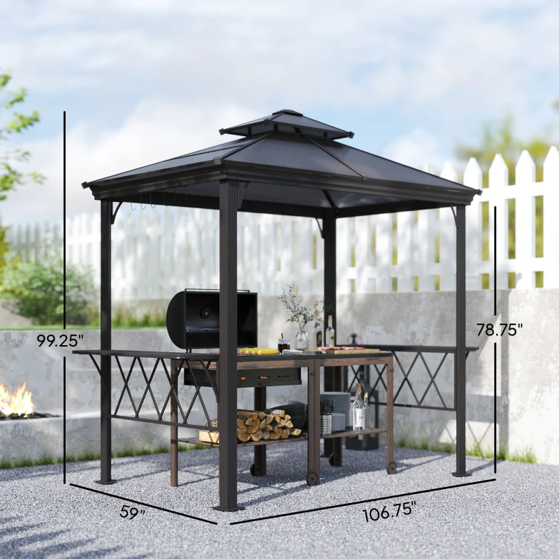 Outsunny Outside Porch BBQ Cooking Pergola Canopy with 6 Hooks for Utensils and Double Venting Roof, Coffee